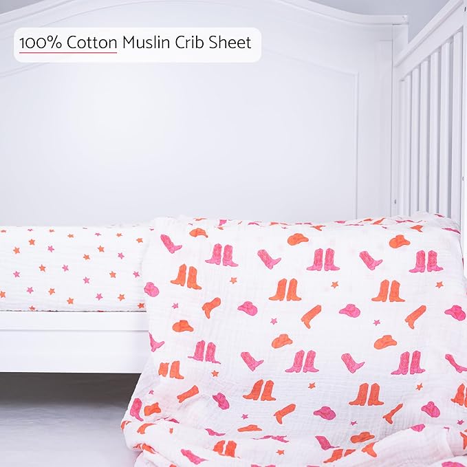 LollyBanks Baby Girl Crib Sheets 2 Pack, 100% Muslin Cotton Soft and Breathable Baby Crib Sheets, Snug Fitted Sheet for Standard 52"x28" Mattress, Nursery Must Haves (Pink Boot and Pink Star)