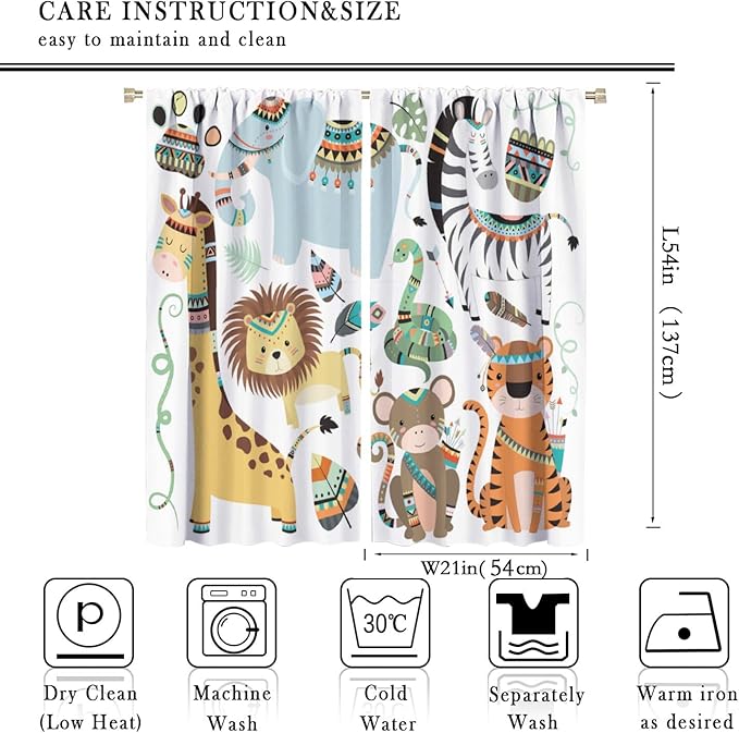 Jungle Tribal Animals Curtains, Southwest Aztec Cartoon Funny Zoo Animals Giraffe Lion Elephant Zebra Tiger Print Thermal Insulation Window Drapes for Kids Boys Girls Bedroom Living Room 42x54 Inch