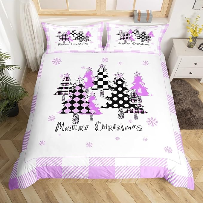 Manfei Xmas Trees Duvet Cover Set King Size, Purple Plaid Grid Snowflake Bedding Set for Kids Girls Bedroom Decor, Christmas Theme Comforter Cover New Year Quilt Cover with 2 Pillowcases, No Comforter