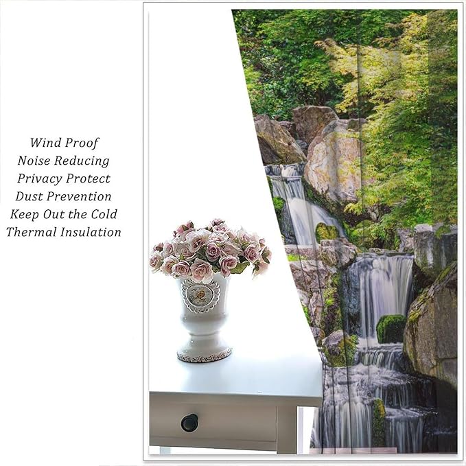 View Waterfall Blackout Curtains, Forest Waterfall Retro Style Natural Scenery Garden Art Landscape Rod Pocket Window Drapes, for Living Room Bedroom 52" W X 84" L