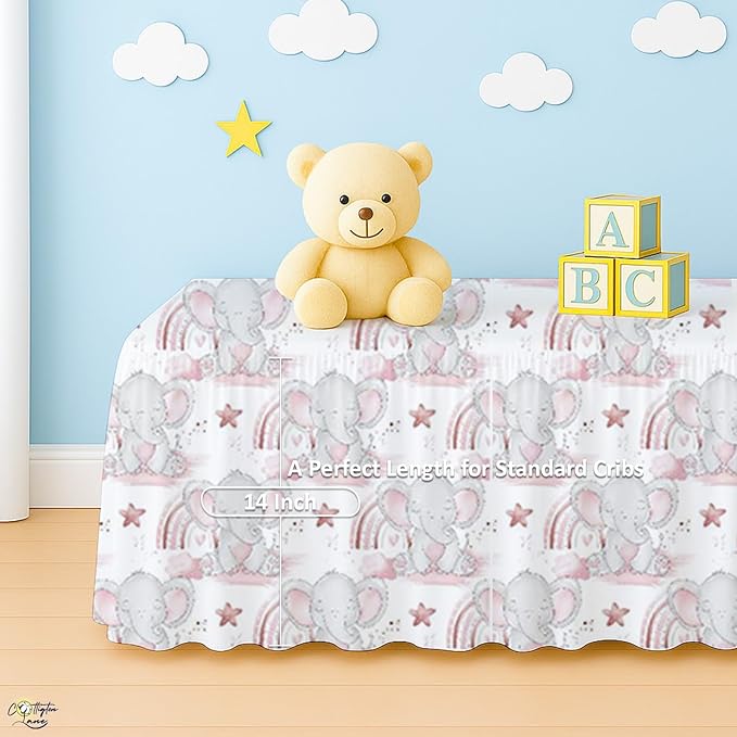 Cottington Lane Crib Skirt Dust Ruffle, 100% Natural Cotton, Soft, Durable Nursery Crib Toddler Bedding Skirt for Baby Girls or Boys, Fits Standard Cribs 28" x 52" with 14" Drop, Cute Elephant
