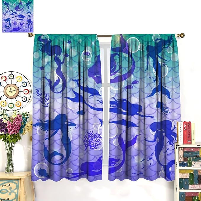 Mermaid Kids Girls Curtains Fantasy Mermaid Silhouette Ocean Theme Beautiful Blackout Window Treatment for Girls Bedroom Nursery Room Decor Rod Pocket Window Drapes 42" W X 54" L