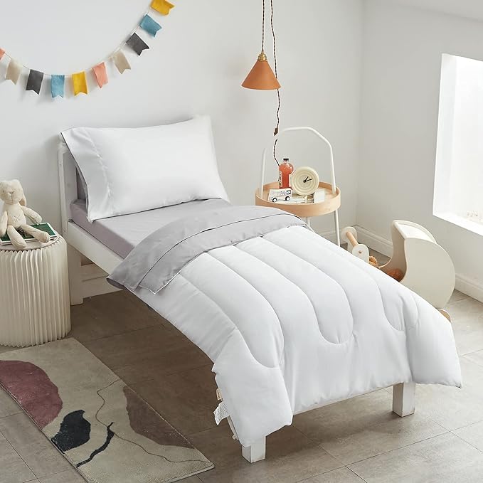 UOZZI BEDDING 4 Pieces Toddler Bedding Set Ultra Soft and Breathable Toddler Sheet Set - Includes Comforter, Flat Sheet, Fitted Sheet and Pillowcase - White & Gray
