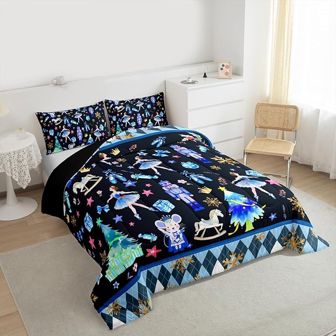 Feelyou Merry Christmas Kids Comforter Set Full Size Ballet Nutcracker Bedding Set Snowflake Duvet Quilt for Kids Boys Girls Bedroom Decor Microfiber Ultra Soft Breathable