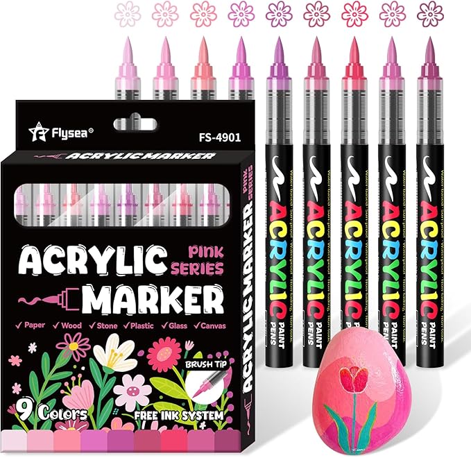 Paint Pens Acrylic Markers - 9 Pink Series Brush Tip Water Based Marker Pens for Rock Painting, Wood, Ceramic, Glass, Acrylic Paint Markers for Egg Pumpkin