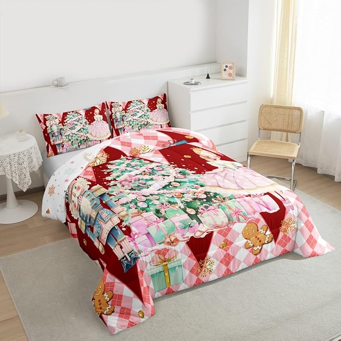 jejeloiu Christmas Nutcracker Comforter Set Twin Size Gingerbread Man Bedding Set for Kids Boys Girls Xmas Tree Duvet Quilt Red Bedroom Decor