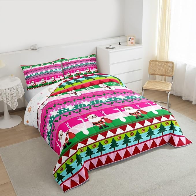 Feelyou Merry Christmas Tree Kids Comforter Set Queen Size Cute Snowman Bedding Set Santa Claus Duvet Quilt for Kids Boys Girls Bedroom Cartoon Bowknot Decor Microfiber Ultra Soft Breathable