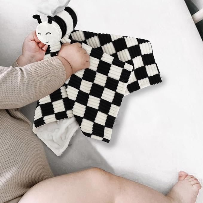 High Contrast Baby Security Blanket for Boys Girls 3D Soft Checkerboard Gingham with Minky Dot Fabric Backing Bee Snuggle Stuffed Animal Lovely Black 14 Inch