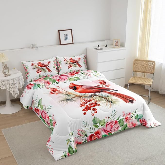 Castle Fairy Red Bird Comforter Set Twin Size,Watercolor Cardinal Berry Christmas Bedding Set for Kids Boys Men,Pink Floral Green Plant Painting Quilted Duvet Set with 1 Pillowcase