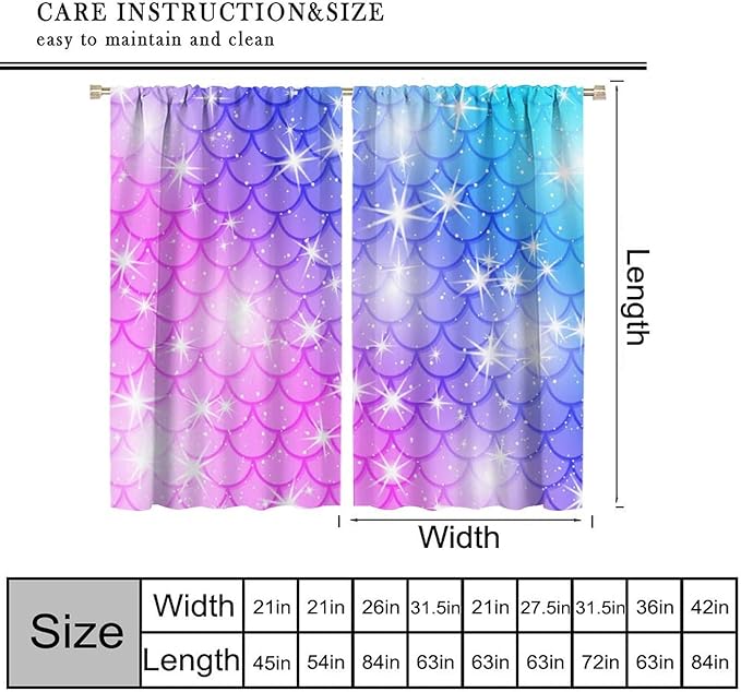 Mermaid Blackout Curtains, Kids Cartoon Blue and Pink Ocean Mermaid Scale Pattern Decoration for Girls Bedroom Nursery Curtains 42x45 Inch