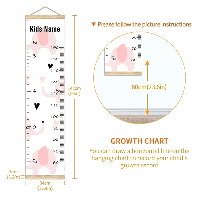 Personalized Kids Name Growth Chart Ruler for Wall Wood Frame Height Measure Chart 13.4x56 in Linen Hanging Height Growth Chart Pink Elephant Kids Room Decor