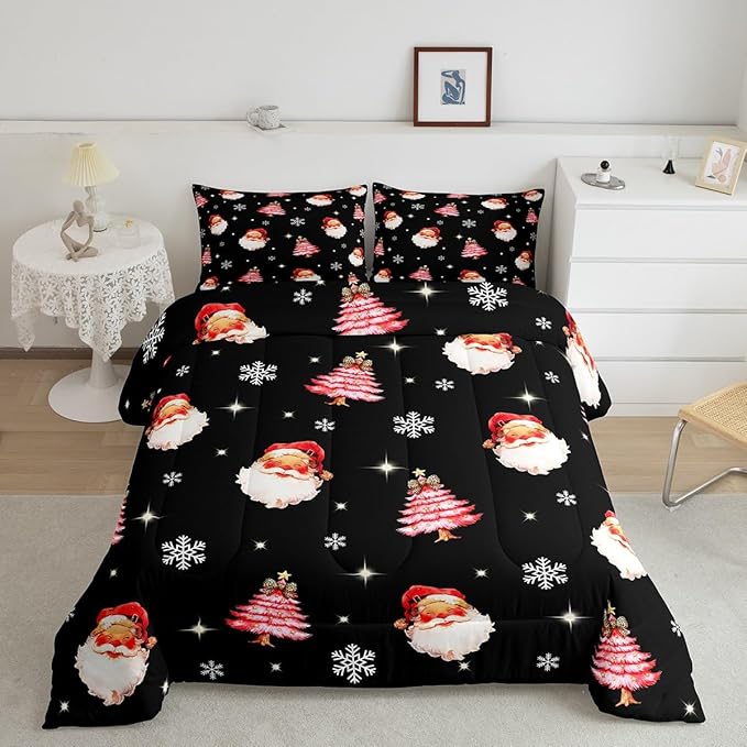 jejeloiu Kids Christmas Theme Comforter Set King Size Xmas Tree Cute Santa Claus Bow Bedding Set for Boys Girls Teens Winter Snowflake Happy New Year Duvet Quilt Room Decor