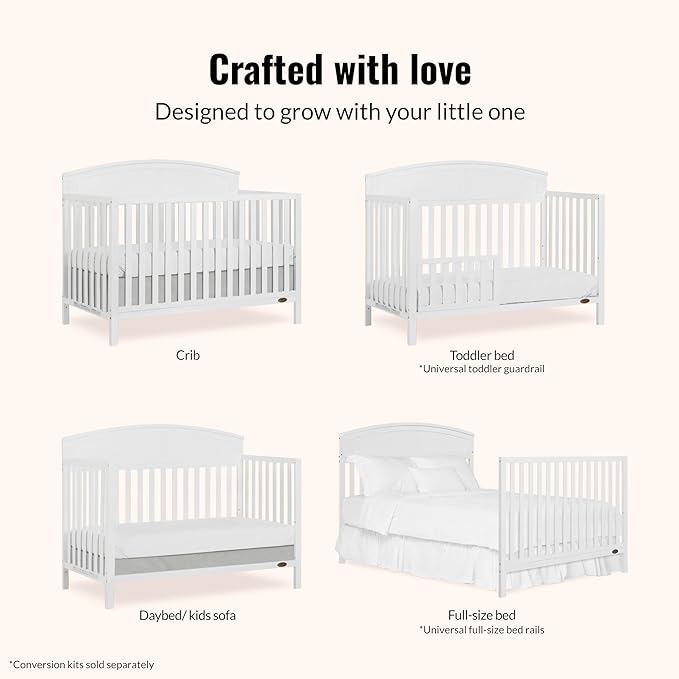 Dream On Me Storybrooke 5-in-1 Convertible Full-Size Baby Crib in White, GreenGuard Gold & JPMA, Convert to Toddler, Day & Full-Size Bed Sustainable Pinewood, 3 Mattress Heights