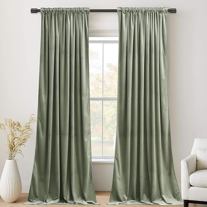 StangH Sage Green Curtains 92 inches Long Super Soft Velvet Room Darkening Thermal Insulated Window Drapes Back Tab Luxury Decor for Bedroom Living Room, W52 x L92, 2 Panels