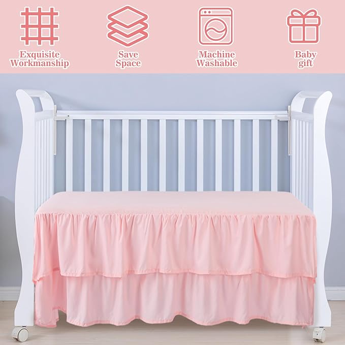 Pink Crib Bed Skirts with 4 Large Cot Bow 28" x 52" Baby Crib Skirt for Boys Girls Nursery Toddler Bed Skirt Dust Ruffle 14" Drop, Double Layer