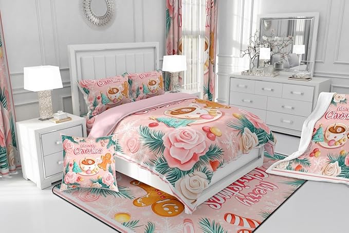 Feelyou Christmas Tree Comforter Set All Season Gingerbread Man Bedding Set with 2 Pillow Cases Merry Christmas Microfiber Kids Queen Bedclothes Xmas Bedroom Decor Duvet Quilt Soft Lightweight