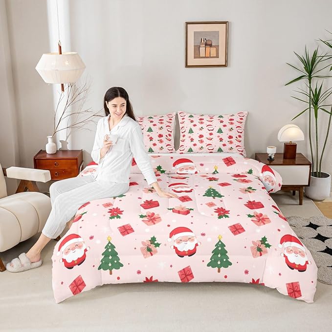 Feelyou Christmas Decor Bedding Set Soft for Boys Girls, Santa Claus Comforter Set Twin Size Xmas Duvet Quilt Microfiber Christmas Decor Bedroom Decor 2 Pcs with 1 Pillow Cases