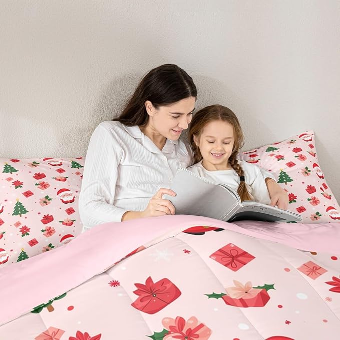 Feelyou Christmas Decor Bedding Set Soft for Boys Girls, Santa Claus Comforter Set Full Size Xmas Duvet Quilt Microfiber Christmas Decor Bedroom Decor 3 Pcs with 2 Pillow Cases