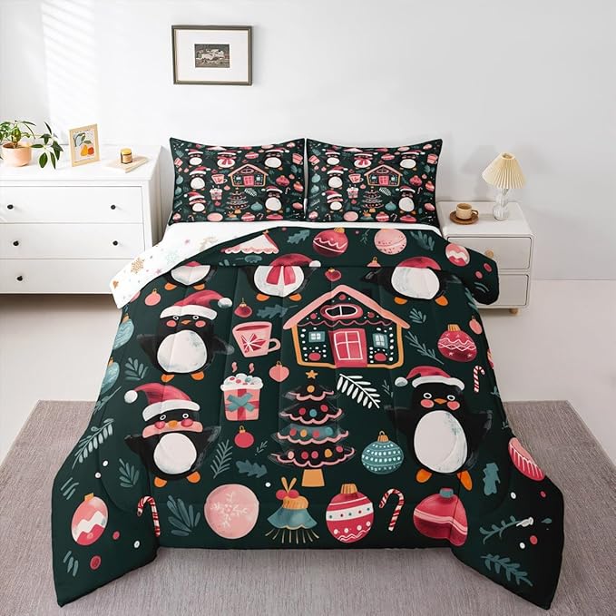 Feelyou Christmas Kids Comforter Set Toddler Size Xmas Tree Ball Bedding Set Penguin Duvet Quilt for Kids Boys Girls Bedroom Gingerbread Houses Decor Microfiber Ultra Soft Breathable