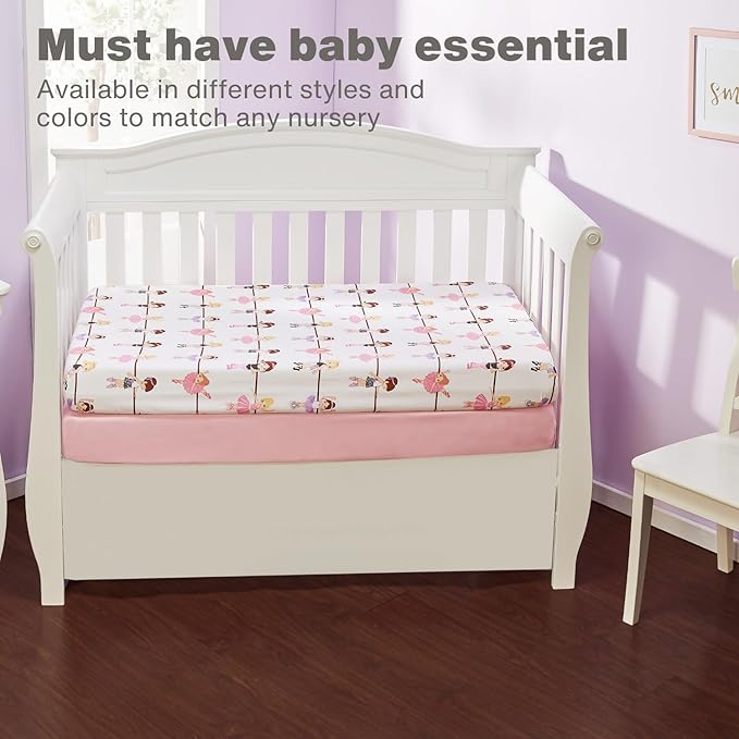 Everyday Kids 2 Pack Fitted Girls Crib Sheet, 100% Soft Breathable Microfiber Baby Sheet, Fits Standard Size Crib Mattress 28in x 52in, Nursery Sheet - Ballerina/Pink