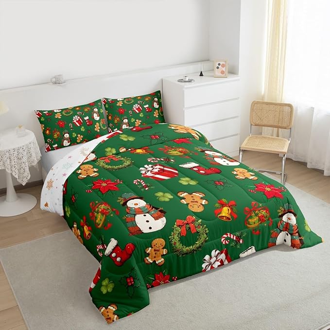 jejeloiu Merry Christmas Comforter Set Toddler Size Cute Snowman Bedding Set for Kids Boys Girls Gingerbread Man Duvet Quilt Green Bedroom Decor