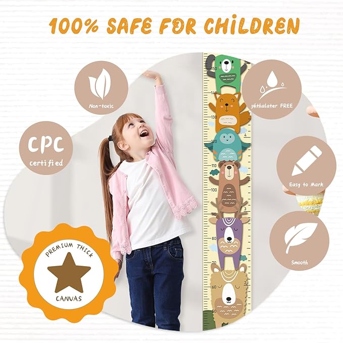Personalized Name Growth Chart Wall Decor for Kids – Canvas Removable Height Chart Measuring Ruler 59" x 7.9" (Painted Animals)
