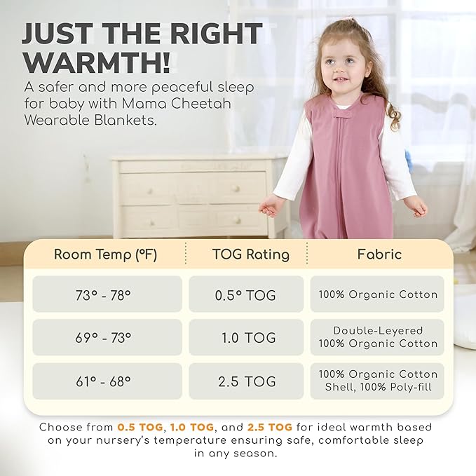 Mama Cheetah Toddler Sleep Sack with Feet 2T, 1.0 TOG Organic Cotton Baby Sleeping Bag with Legs, Baby Wearable Blankets for Walkers w/ 2-Way Zipper, Sleep Sack for Girls & Boys, Early Walker