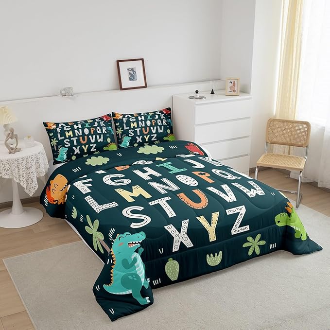 Feelyou Alphabet Kids ABC Learning Bedding Set Twin Size, Cartoon Dino Comforter Kids Educational Nursery Art Comforter Set for Boys Girls Jungle Dino Duvet Set Durable Bed Set 2Pcs