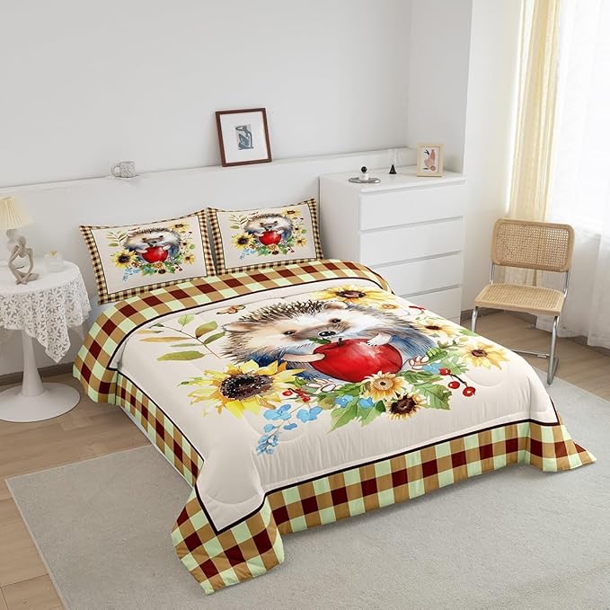 Castle Fairy Fall Sunflower Leaves Comforter Set,Cartoon Hedgehog Bedding Set Kids Teens Modern Decor,Autumn Harvest Thanksgiving Comforter with 1 Pillowcase for All Seasons,Twin
