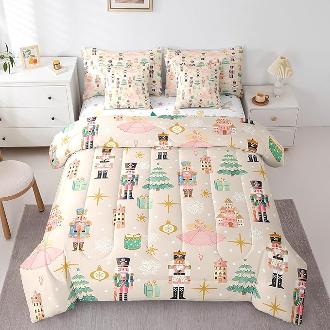 Erosebridal 7Pcs Beige Christmas Comforter Set Queen Size,Princess Nutcracker Bedding Set,Xmas Tree Snow Bed in A Bag for Kids Boys Girls,Starry Sky Christmas Decoration Quilt with Flat Fitted Sheet