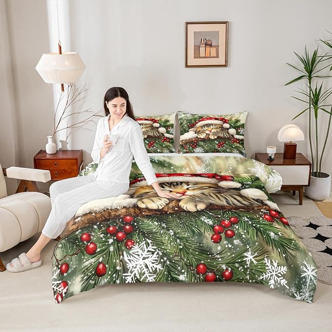 Xmas Cat Kids Comforter Set Full Size,Snowflake Holly Berry Winter Bedding Set,Girls Boys Room Decor,Christmas Poinsettia Animal Quilt Comforter,Green Yellow Duvet Set Bedroom Quilt Set,2 Pillowcases