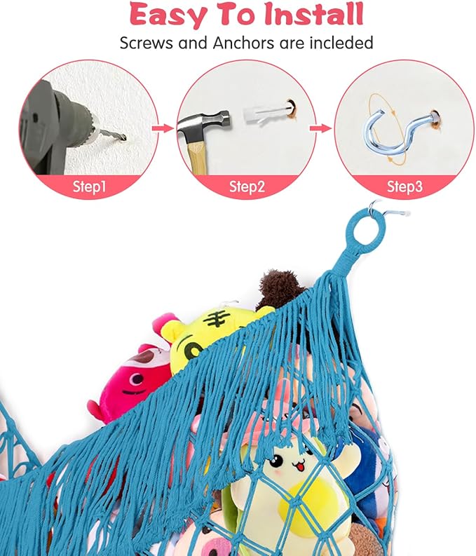 Stuffed Animal Hammock - Extra Large 56'' Long, Stuffed Animal Storage, stuffed animal Holder net, Toy Hammock Large, Toy Storage Hanging Organizer - Peacock blue