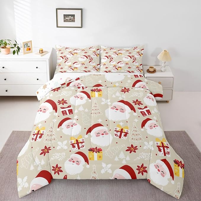 jejeloiu Santa Claus Comforter Set Toddler Size Merry Christmas Bedding Set for Kids Boys Girls Xmas Themed Duvet Quilt Beige Bedroom Decor
