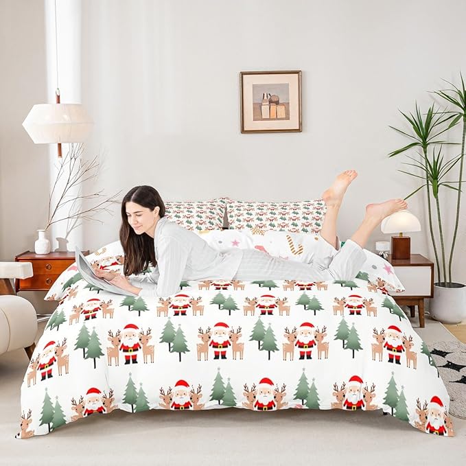 Feelyou Christmas Duvet Cover Cartoon Santa Claus Bedding Set for Kids Boys Girls Teens Room Decor Cute Deer Christmas Tree Comforter Cover Set Xmas Theme Bedspread Cover 3Pcs Zipper King Size