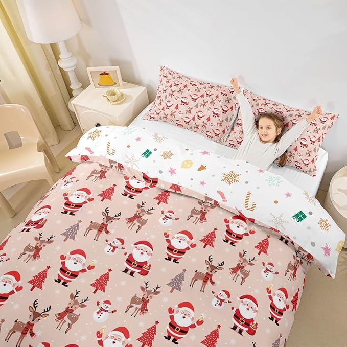 Christmas Kids Bedding Set Santa Claus Bedding Duvet Cover Set for Boys Girls Christmas Tree Deer Decor Comforter Cover Set Snowflake Xmas Theme Bedspread Cover Bedroom Quilt Cover 3Pcs Queen Size