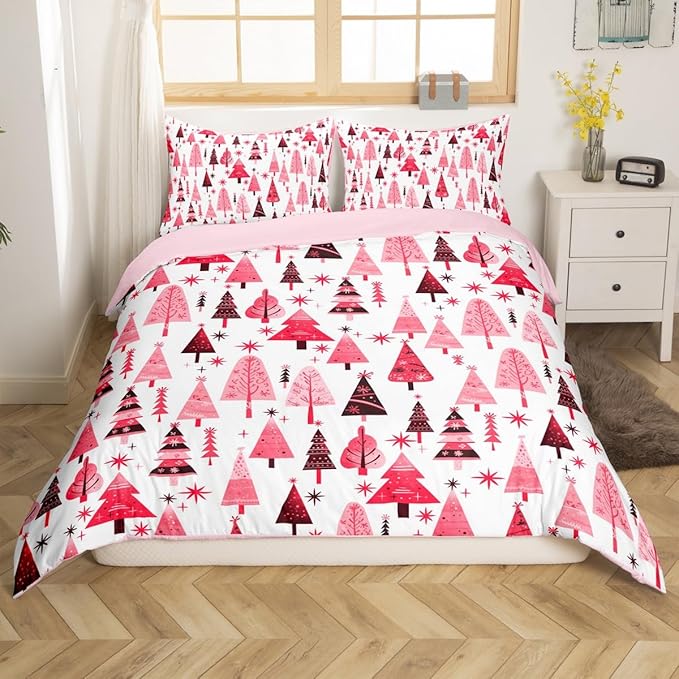 Manfei Pink Xmas Trees Duvet Cover Set Full Size, Christmas Theme Bedding Set 3pcs for Kids Boys Girls Adults, Happy New Year Comforter Cover Soft Polyester Quilt Cover with 2 Pillowcases,No Comforter