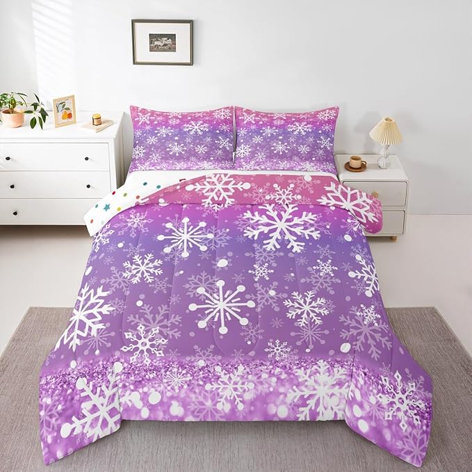 Feelyou Christmas Comforter Set All Season Pink Purple Bedding Set with 1 Pillow Cases Winter Snowflake Microfiber Kids Toddler Bedclothes New Year Holiday Bedroom Decor Duvet Quilt Soft Lightweight