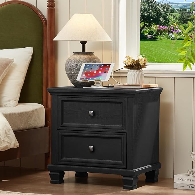 Farmhouse Bedroom Dresser and Nightstand Set of 4, 6 Drawer Tall & Low Dresser & 2 Drawer Nightstand Set, Rustic Wood Furniture Set for Bedroom, Hallway, Black