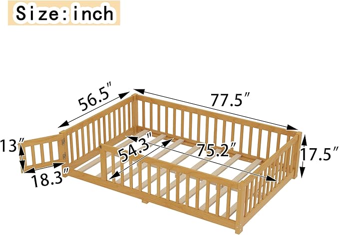 Harper & Bright Designs Full Floor Bed with Safety High Fence, Wood Montessori Bed with Door, Full Size Floor Beds with Solid Wood Support Slats for Boys, Girls, Kids, Natural