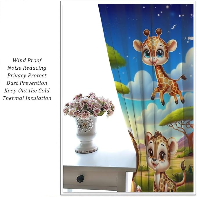 Jungle Safari Window Curtains for Kids Boys Girls Watercolor Cartoon Forest Animals Baby Living Room Bedroom Nursery Toddler Rod Pocket Drapes 63" W X 72" L