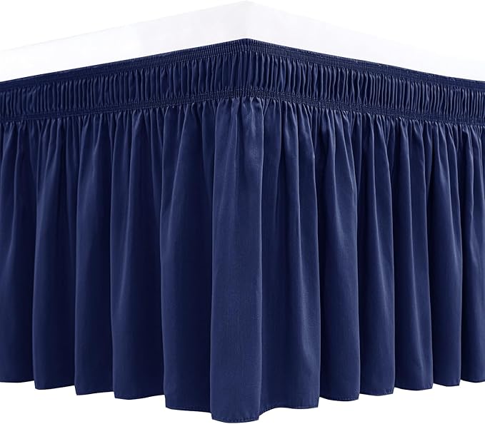 Biscaynebay Wrap Around Bed Skirts for Full & Full XL Beds Short Drop of 12", Navy Adjustable Elastic Dust Ruffles Easy Fit Wrinkle Resistant Silky Luxurious Fabric Machine Washable