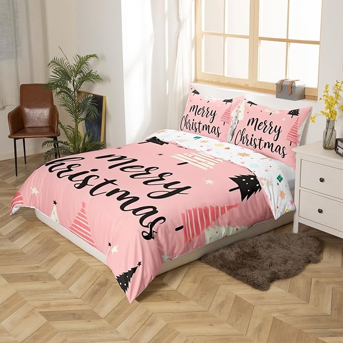 Feelyou Merry Christmas Bedding Set Christmas Tree Duvet Cover for Kids Boys Girls Stars Print Comforter Cover Pink Christmas Bedspread Cover with 2 Pillowcases 3Pcs Bedding Full,No Comforter