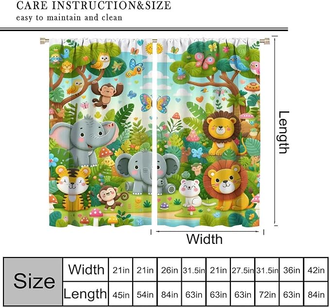 Cartoon Animals Curtain Jungle Forest Elephant Lion Butterfly Floral Print Curtains for Kids Boys Girls Nursery Baby Bedroom Playroom Home Decor Window Drapes 72" W X 63" L
