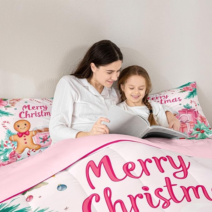 Feelyou Gingerbread Man Kids Comforter Set Twin Size Merry Christmas Bedding Set Christmas Decor Duvet Quilt for Kids Boys Girls Bedroom Xmas Decor Microfiber Ultra Soft Breathable