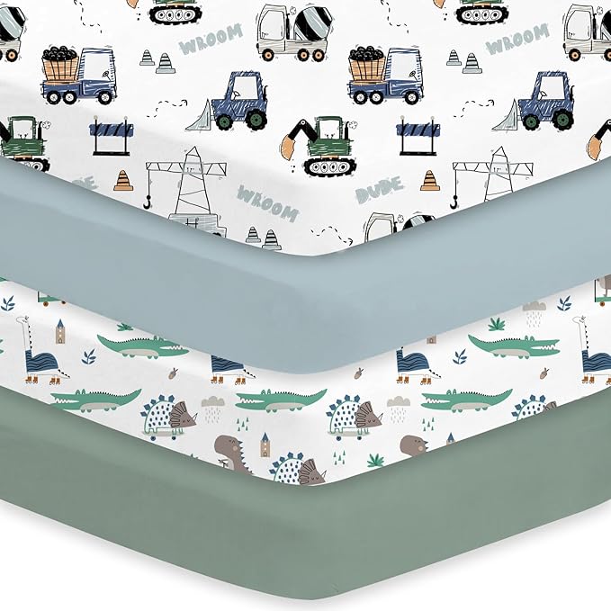 Little Grape Land Crib Sheets 4 Pack for Boys and Girls, Baby Neutral Crib Fitted Sheets for Standard Crib & Toddler Mattress, Super Soft Breathable Fitted Crib Sheet Set, Truck & Alligator