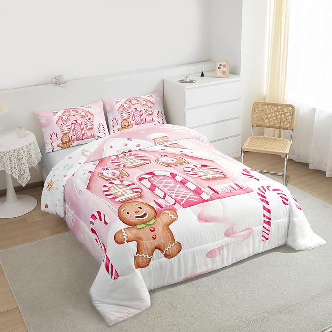Feelyou Gingerbread Man Comforter Set Toddler Size Gingerbread House Bedding Set for Kids Boys Girls Candy Canes Duvet Quilt Pink Christmas Scheme Bedroom Decor Snowflake 2 Pcs with 1 Pillow Cases