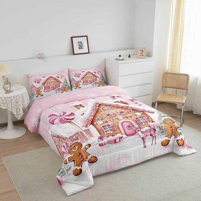 Gingerbread House Kids Comforter Set Toddler Size,Gingerbread Man Xmas Tree Cabin Deer Bedding Set,Girls Women Room Decor,Christmas Snowflake Down Comforter,Pink Brown Duvet Insert,1 Pillowcase