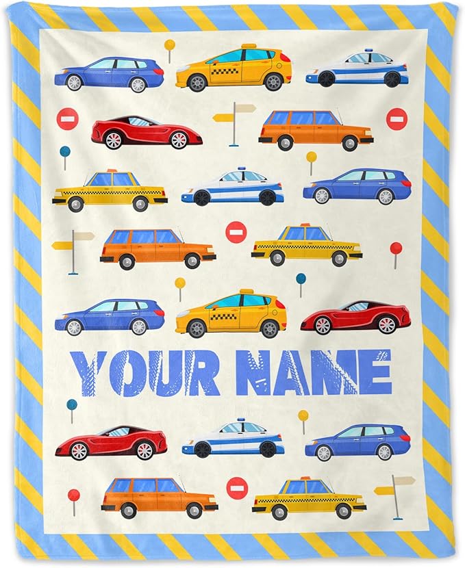 Personalized Throw Blanket Gift for Boys - 30" x 40" Inches Soft Cozy Car Blanket for Lap, Couch, Office - Blue Cartoon Throw for Girls Kids
