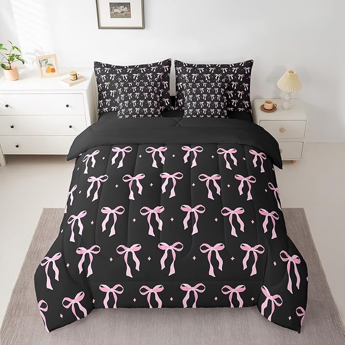 7 Pieces Pink Bowknot Kids Comforter Queen,Stars Watercolor Bow Tie Patchwork Bedding Set,Butterfly Knot Princess Black Noble Chic（Comforter+Fitted+Flat Sheet+2 Pillowcases+2 Throw Pillow Covers）
