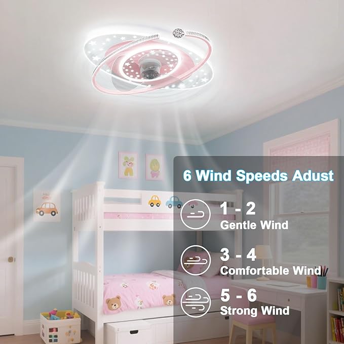 Kids Ceiling Fan with Lights Remote Dimmable 48W LED Ceiling Lights Fan Lighting Pink Mute Ceiling Fans Indoor 6 Speeds Fan Ceiling with Light for Girls Room Bedroom
